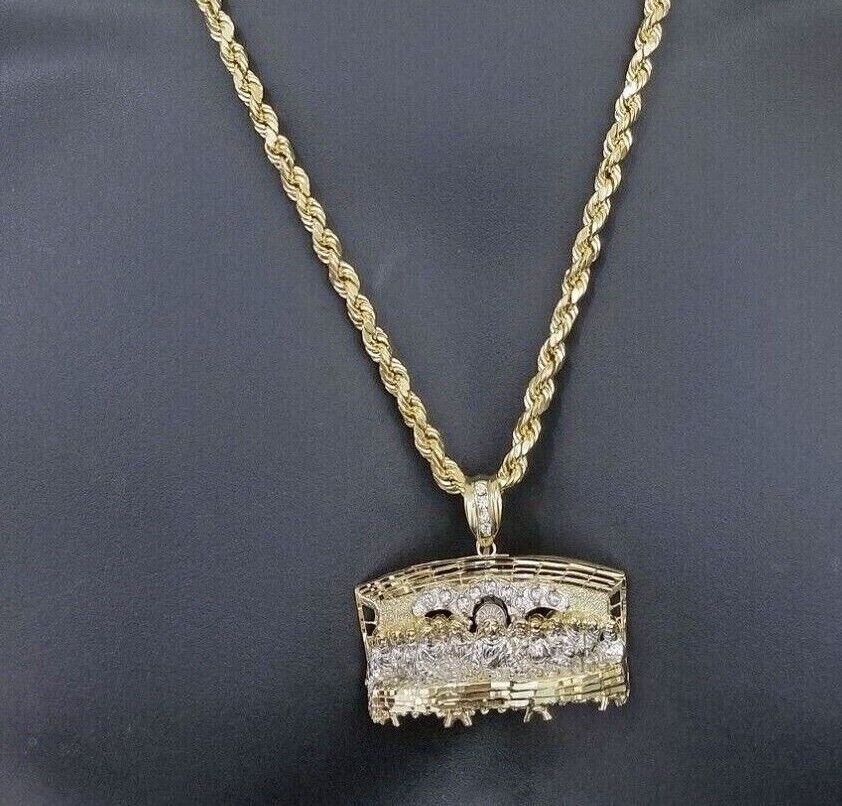 Real 10k Yellow Gold Rope Chain 24" inch Necklace And Charm Last Supper Pendant