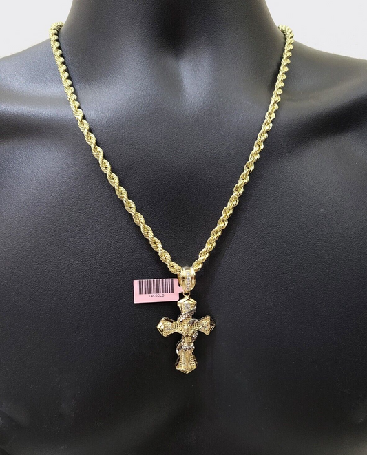 Real 14k Yellow Gold Rope Chain 5mm 24'' Necklace Jesus Cross Charm Pendant 14kt