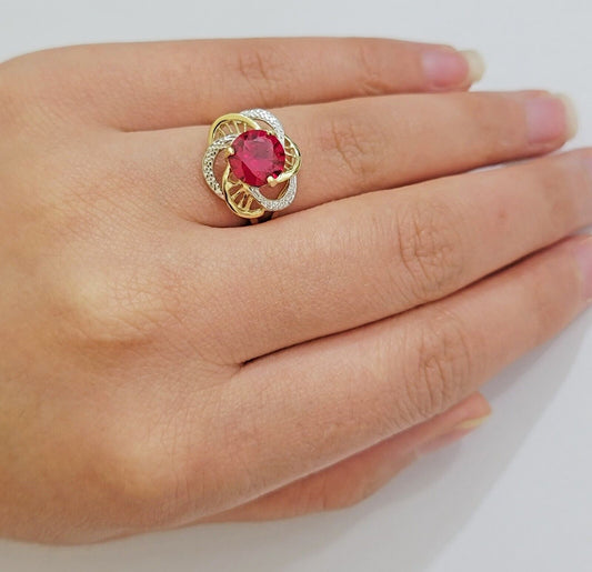 10k Yellow Gold Women Ring Pink Red Color Ladies Flower Band REAL 10KT Size 7.5