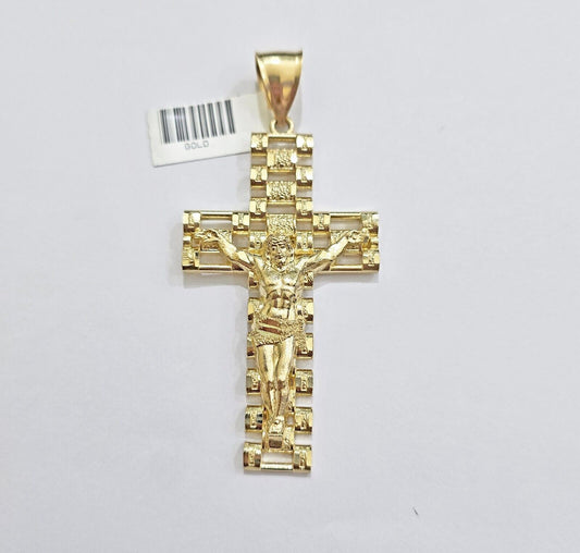 Real 10k Yellow Gold Cross Charm Pendant Mens Jesus Crucifix 3 Inch For Chain