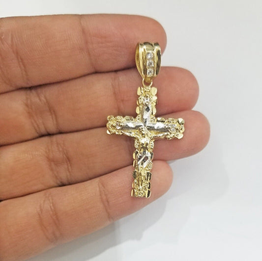 Real 10k Gold Nugget Jesus Crucifix Cross Pendant Charm 10kt Yellow Gold