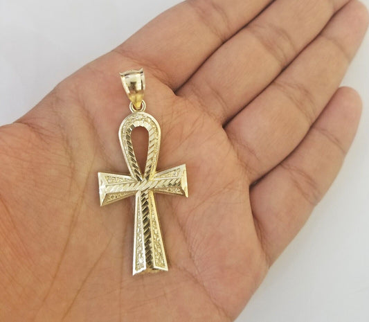 Real 10k Yellow Gold Pendant Ankh Charm Cross Diamond Cut 10kt Gold For Chain