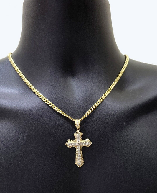 Real 10k Yellow Gold Miami Cuban Chain 5mm 22" inch Necklace Jesus Cross Charm