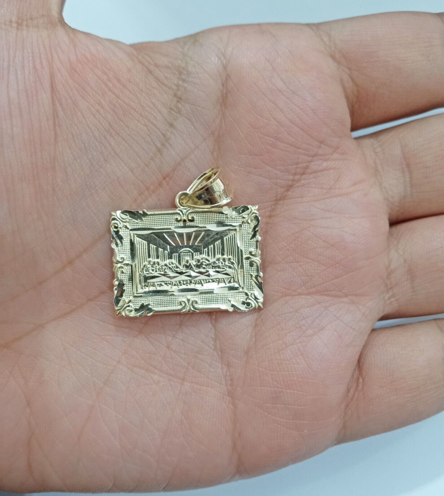 Real 10k Gold Square Pendant Last Supper Charm 10kt Yellow Gold