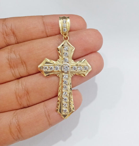 Real 14k Yellow Gold Diamond Cut Cross Charm Pendant 2"