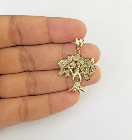 Real 10k Yellow Gold Money Tree Charm Pendant 1.6 Inch 10kt For Chain