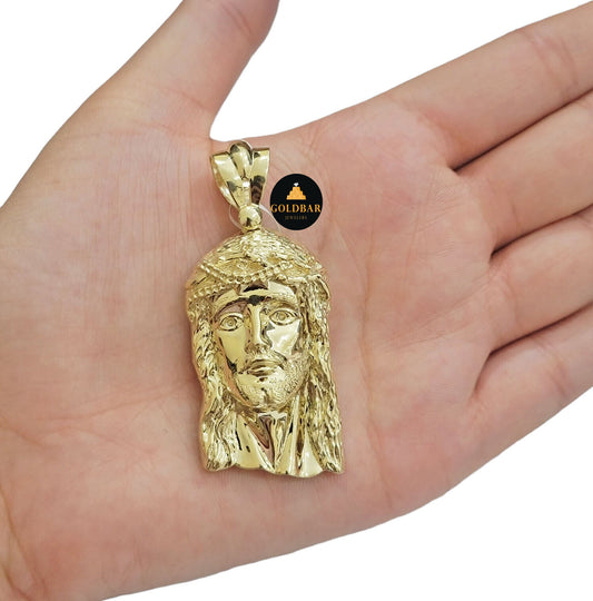 Real 10k Yellow Gold Charm Pendant Jesus Face Head 2.2" Inch For Chain, 10KT