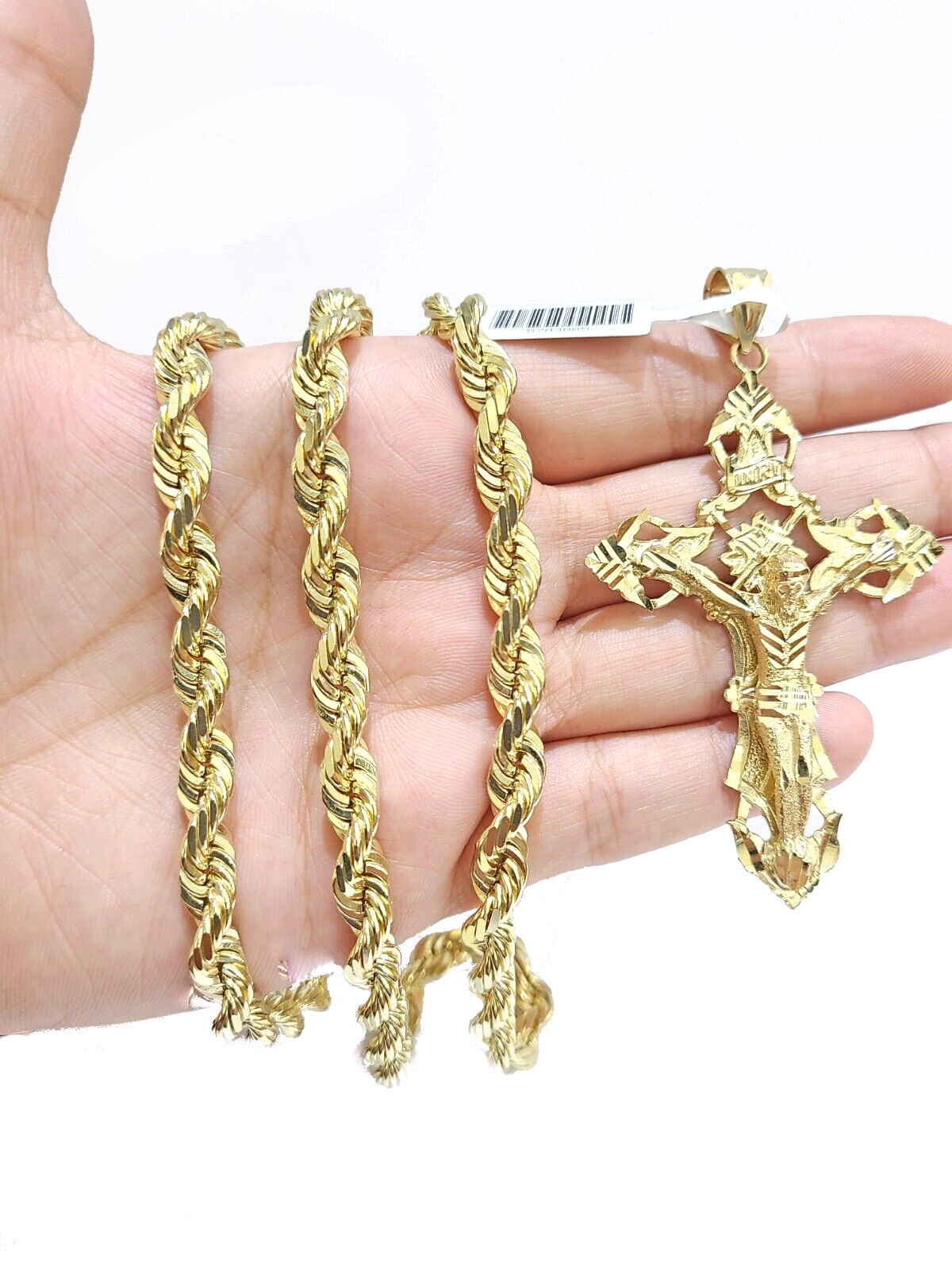 Real 14k Yellow Gold Rope Chain 24'' Necklace Jesus Crucifix Cross Charm Pendant