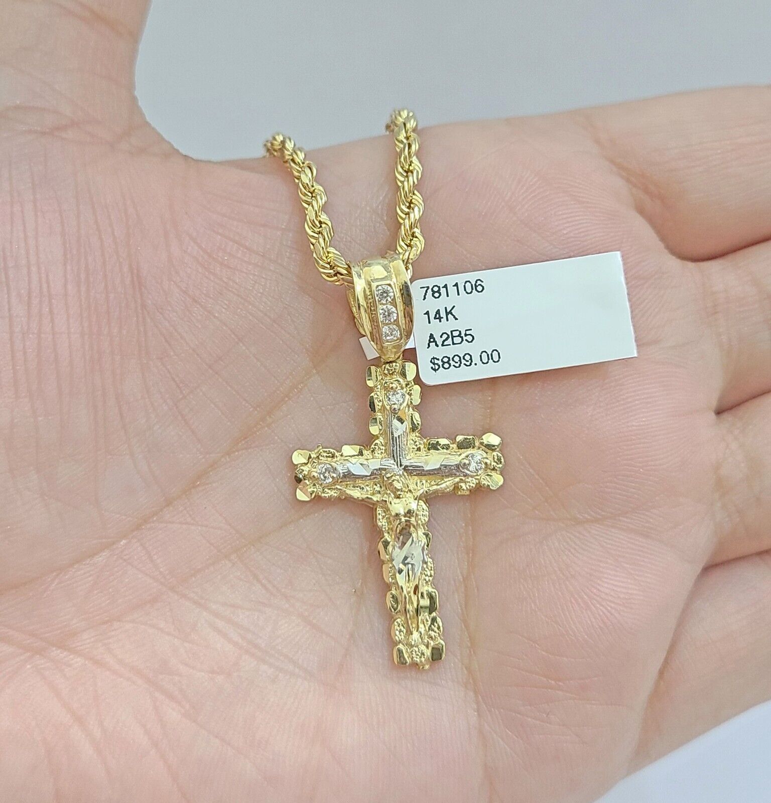 Real 14k Yellow Gold Rope Chain 24'' Necklace Jesus Crucifix Cross Charm Pendant