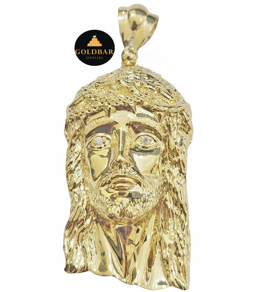 Real 10k Yellow Gold Charm Mens Pendant Jesus Face Head 3" Inch For Chain, 10KT