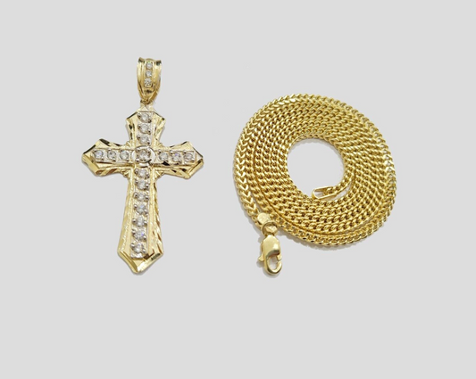 Real 10k Yellow Gold Franco Chain 2.5mm 20" inch Necklace Jesus Cross Charm 10kt