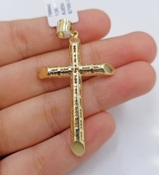 Real 10k Gold Miami Cuban Chain 5mm 24" Inch Necklace Cross Pendant 10kt Charm