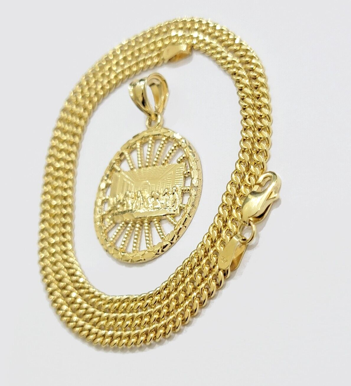 10k Yellow Gold chain Charm Pendant set Miami Cuban 4mm 24 Inch & Last supper