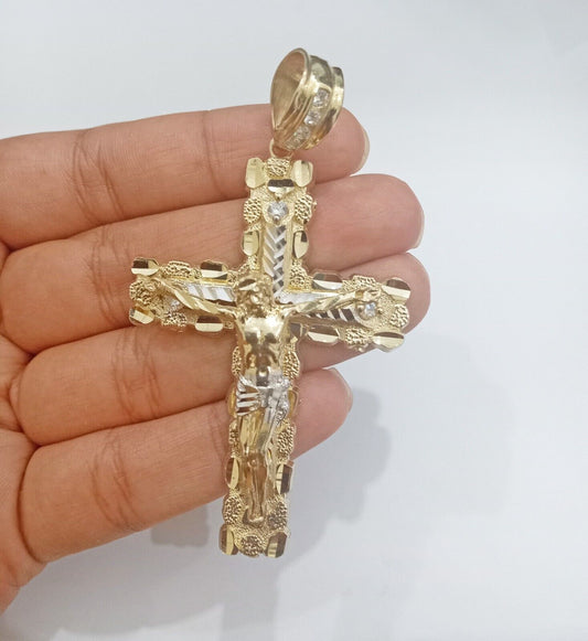 Real 14k Gold Jesus Nugget Cross Charm Pendant 2.9" inch 14kt Yellow Gold