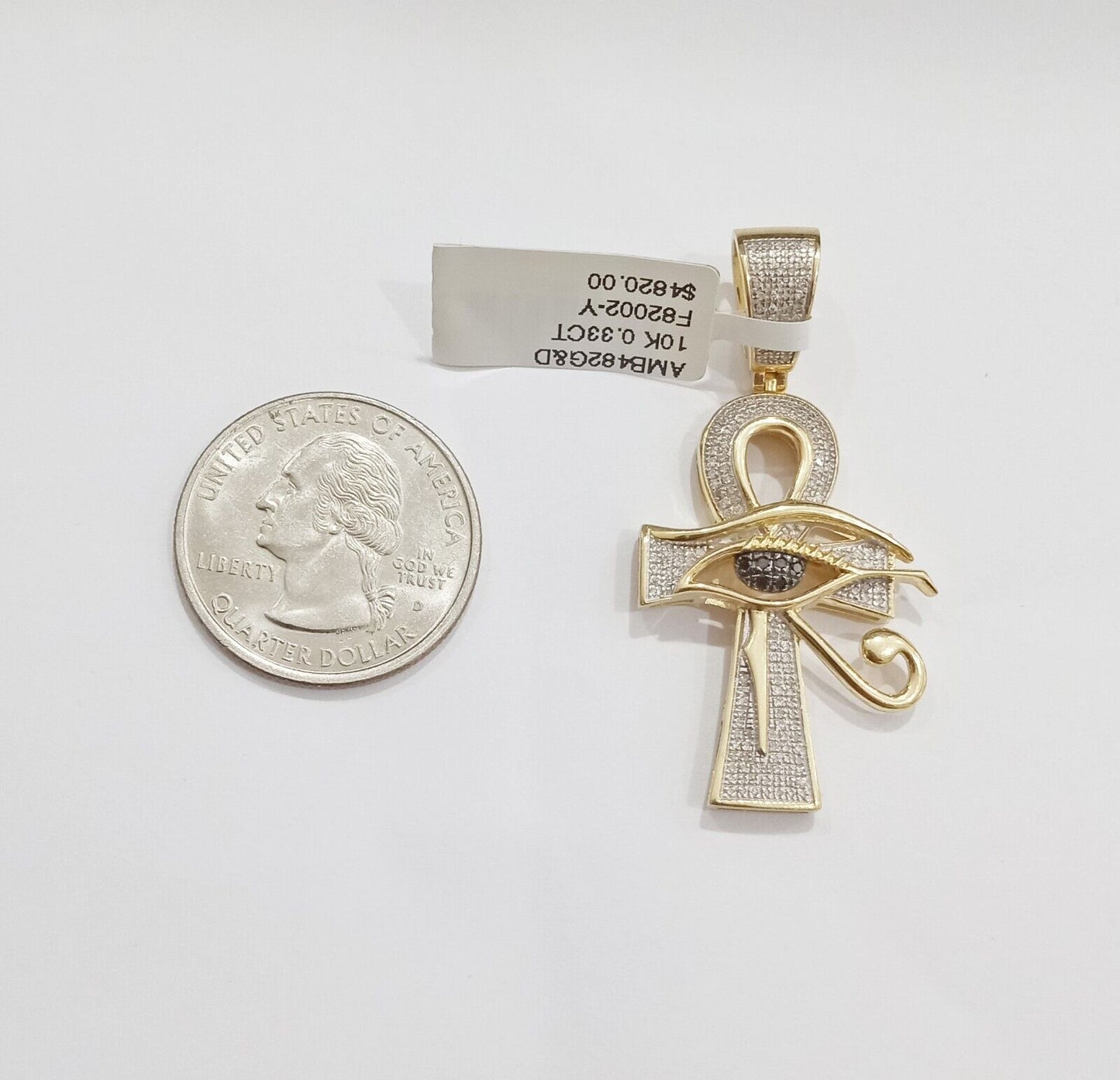 Evil Eye Charm Pendant Real 10K Yellow Gold Genuine Natural Diamond Ankh Cross