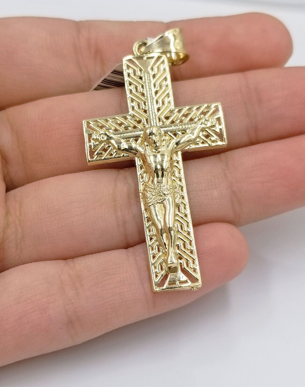 Three Stone Real Diamond Cross Pendant 10K Yellow Gold Necklace 19mm tall
