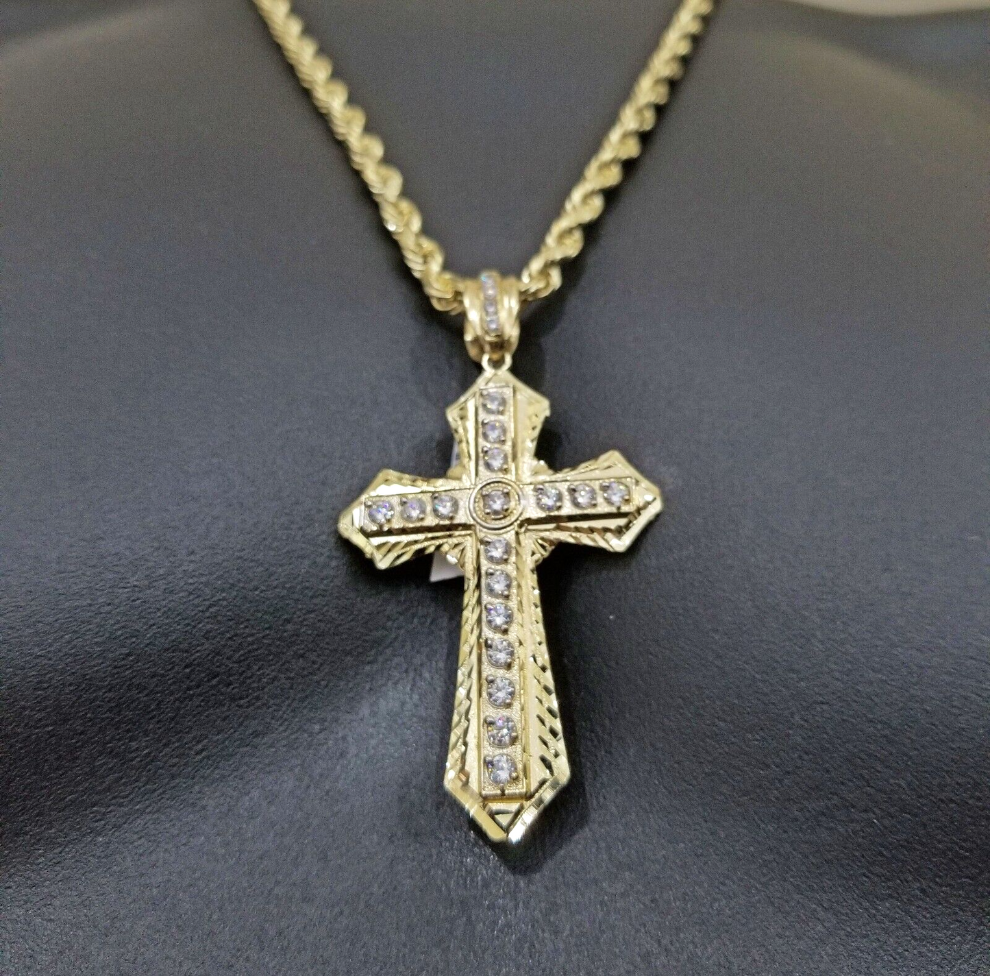 Real 10k Yellow Gold Rope Chain 24" inch Necklace And Cross Pendant 6mm