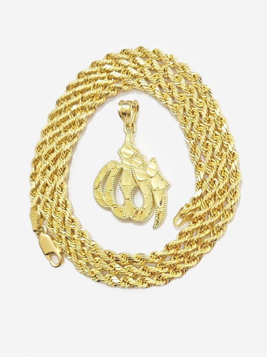 10k Yellow Gold Allah Charm Rope Chain 22 Inch Necklace 10kt Pendant Real SALE
