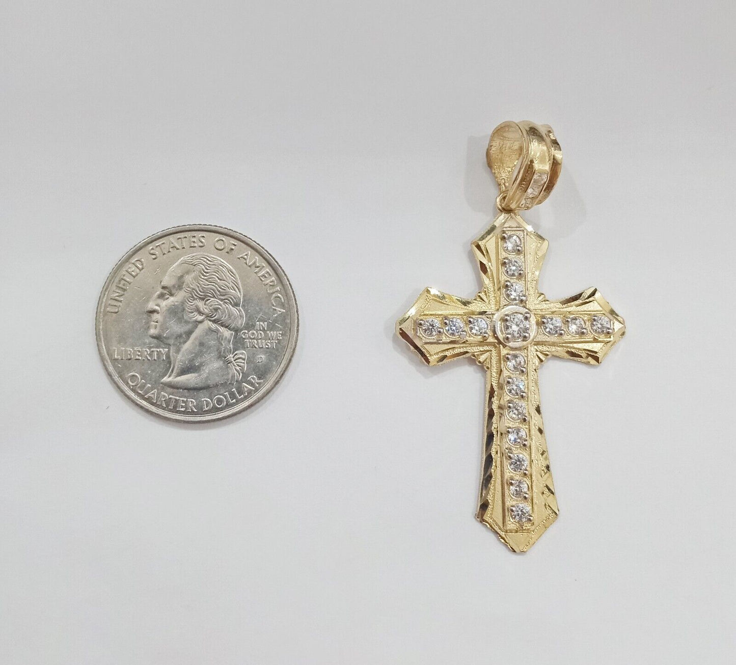 Real 14k Yellow Gold Diamond Cut Cross Charm Pendant 2"