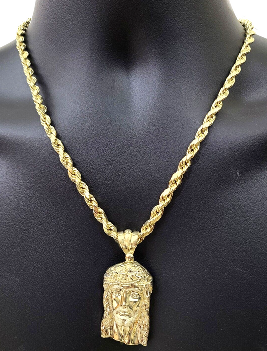 10k Gold Jesus Head Charm Rope Chain Necklace 6mm 24'' Set & Pendant 10kt REAL