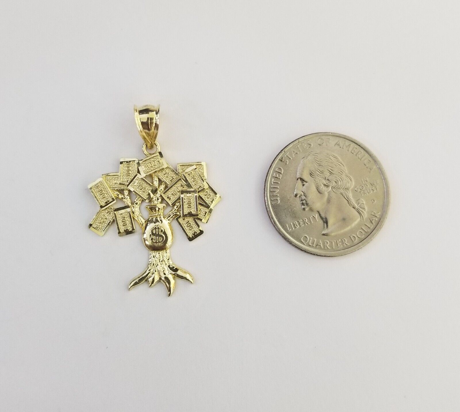 Real 10k Yellow Gold Money Tree Charm Pendant 1.6 Inch 10kt For Chain