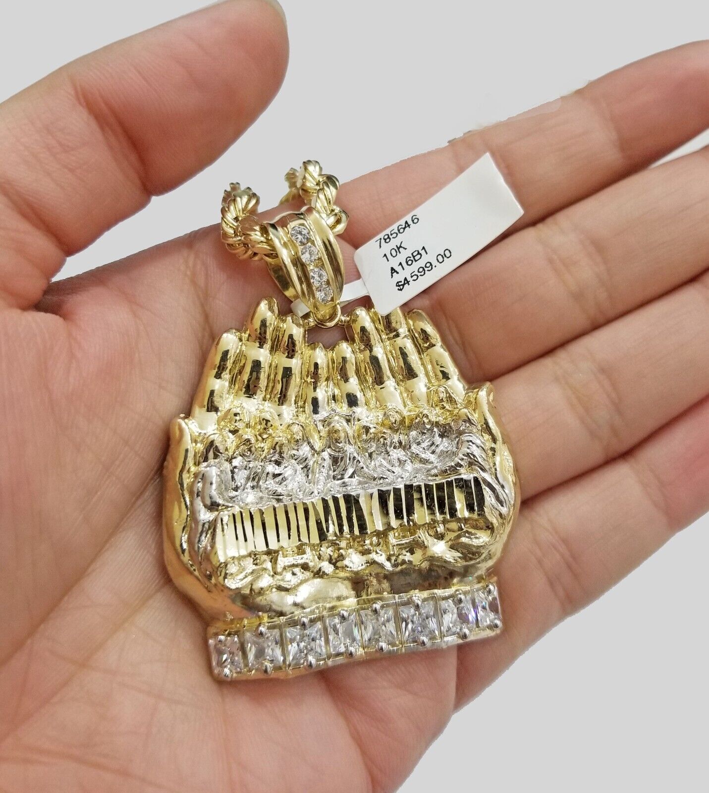 Real 10kt Yellow Gold Praying Hand Last Supper Pendant charm 3D style