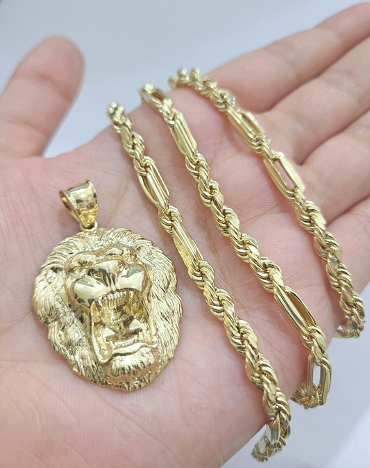 Real 10k Yellow Gold Milano Rope Chain 22 Inch Necklace Lion Head Charm Pendant