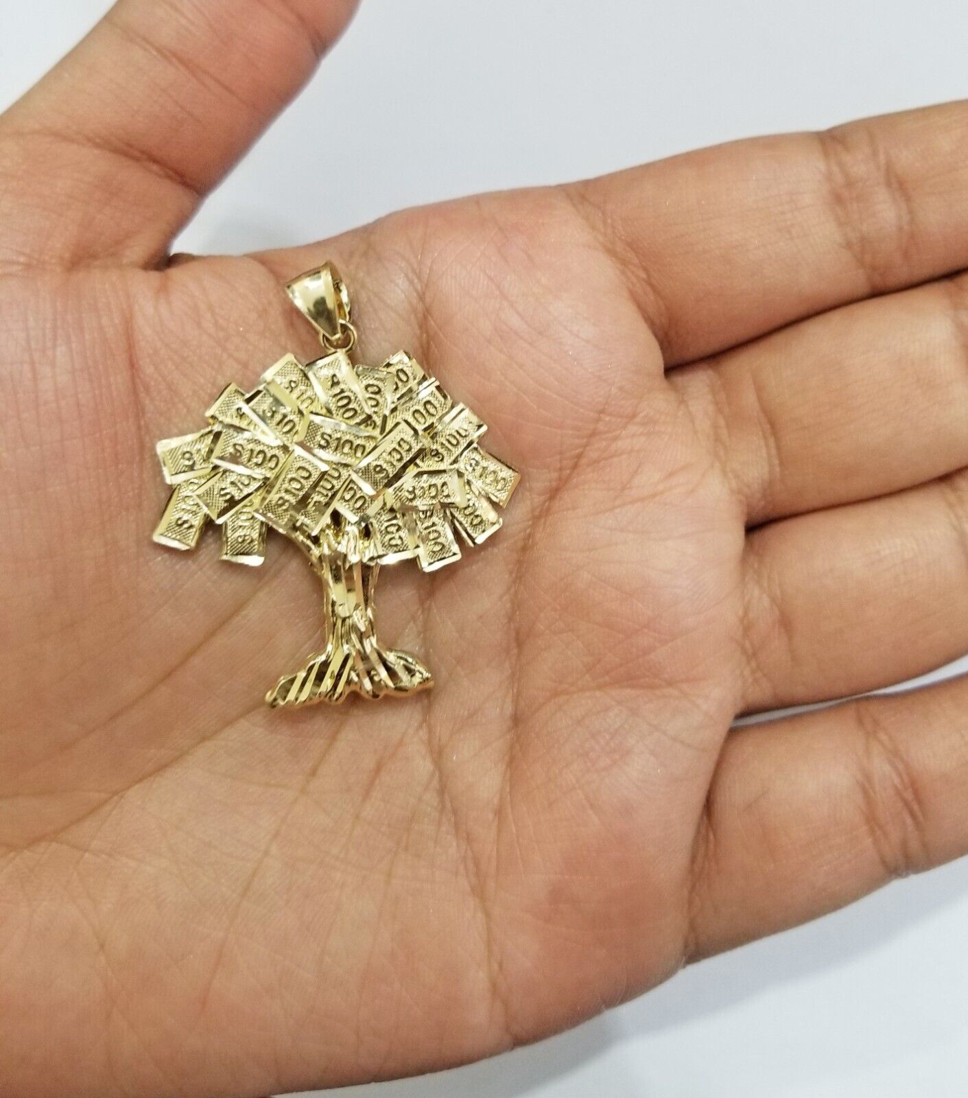 Real 10k Gold Money Tree Charm 1.7 Inch Pendant 10kt Yellow Gold