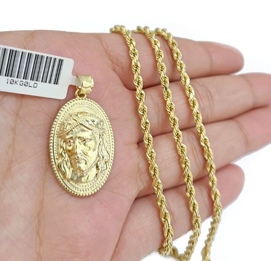 10k Gold Circular Jesus Head Charm Rope Chain Necklace 3mm 28'' Set Pendant 10kt