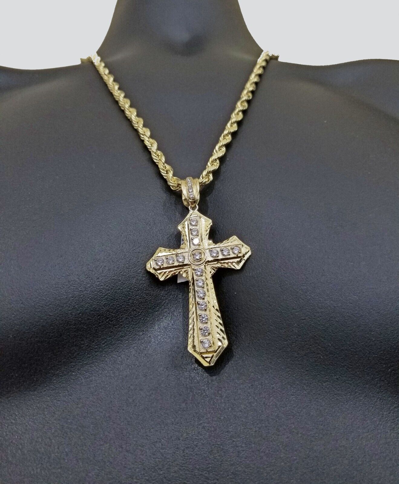 Real 10K Yellow Gold Rope Chain 24 inch Necklace and Cross Pendant 6mm