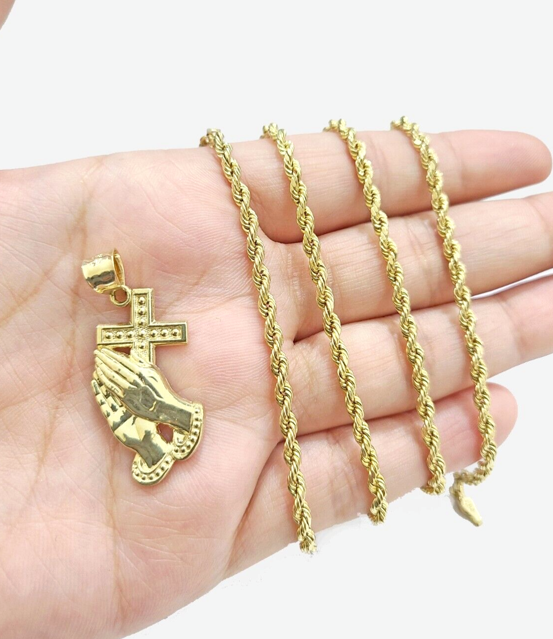 Real 10k Yellow Gold Rope Chain 18'' Necklace Praying Hand Cross Charm Pendant