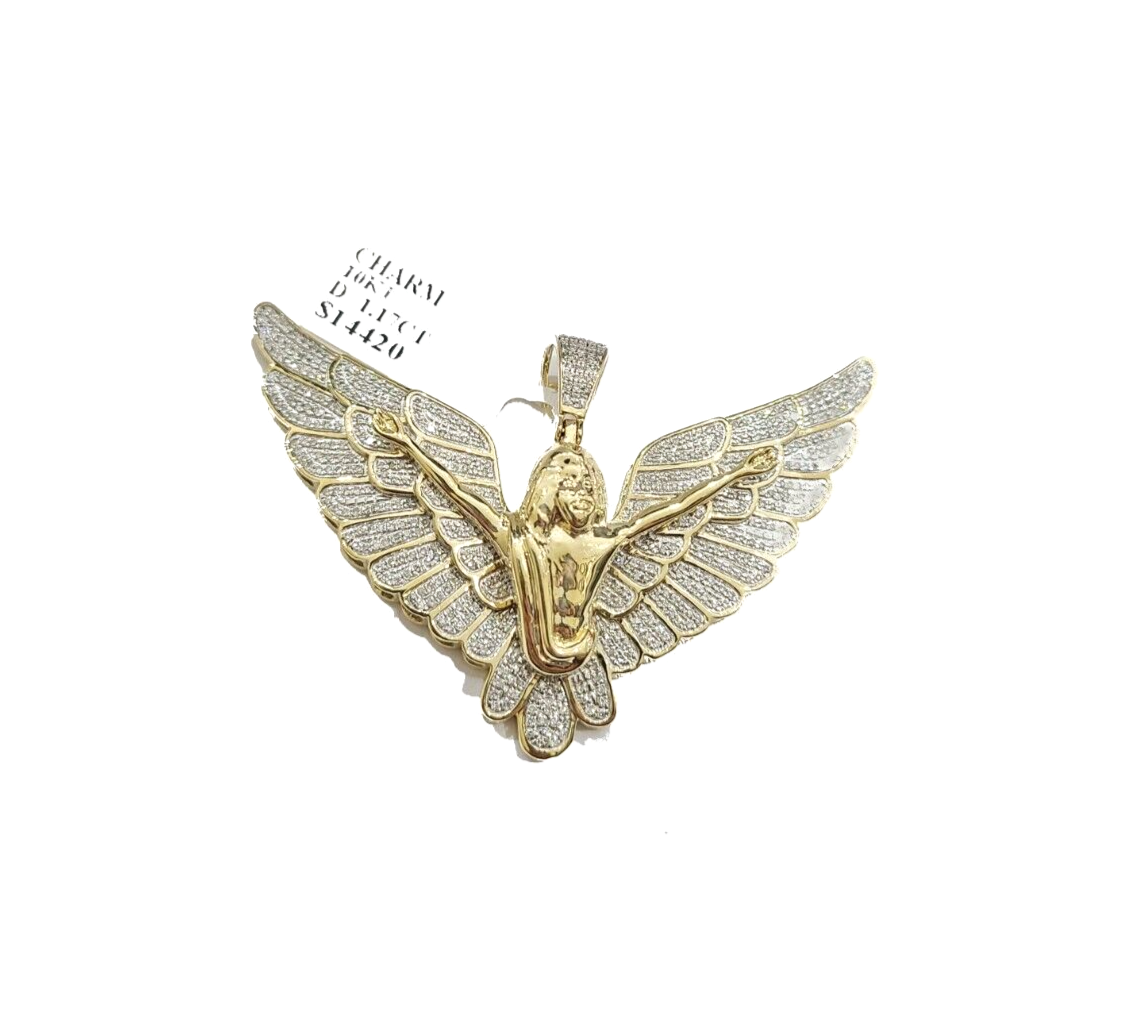 Real 10k Yellow Gold Angel Wing Diamond 1.17CT Charm Pendant 10kt for Chain