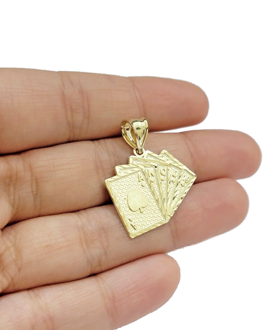 10k Yellow Gold Card Charm Royal Flush Pendant 1'' Necklace Chain SALE 10kt Real